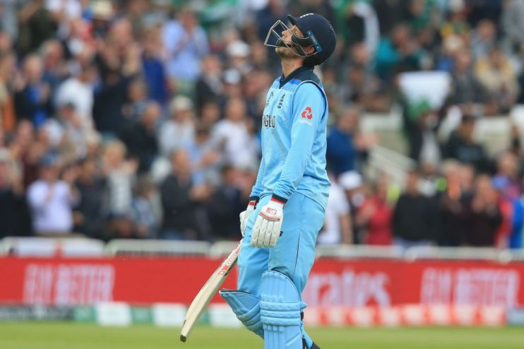 England's Joe Root reacts as he walks back to the pavilion after losing his wicket for 107 during the 2019 Cricket World Cup group stage match between England and Pakistan at Trent Bridge in Nottingham, central England, on June 3, 2019. (Photo by Lindsey PARNABY / AFP) / RESTRICTED TO EDITORIAL USE (Photo credit should read LINDSEY PARNABY/AFP/Getty Images)