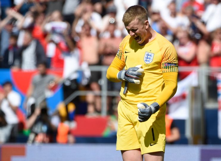 England's goalkeeper Jordan Pickford celebrates Switzerland's forward Josip Drmic missing a penalty kick during the penalty shootout after the UEFA Nations League third place football match between England and Switzerland at the D.Afonso Henriques stadium in Guimaraes, on June 9, 2019 (Photo by MIGUEL RIOPA / AFP) (Photo credit should read MIGUEL RIOPA/AFP/Getty Images)