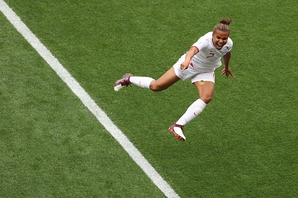 England's forward Nikita Parris celebrates after scoring a goal during the France 2019 Women's World Cup Group D football match between England and Scotland, on June 9, 2019, at the Nice Stadium in Nice, southeastern France. (Photo by Valery HACHE / AFP) (Photo credit should read VALERY HACHE/AFP/Getty Images)