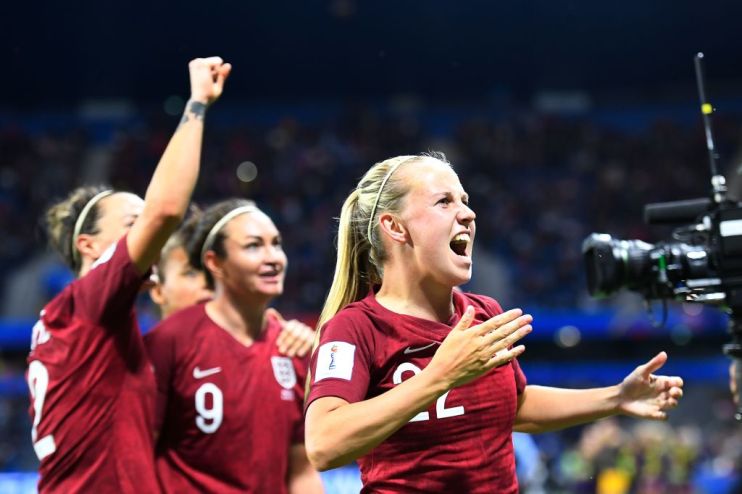 England's forward Beth Mead (R) reacts after England's forward Jodie Taylor (2R) scored their first goal during the France 2019 Women's World Cup Group D football match between England and Argentina, on June 14, 2019, at the Oceane Stadium in Le Havre, northwestern France. (Photo by Damien MEYER / AFP) (Photo credit should read DAMIEN MEYER/AFP/Getty Images)