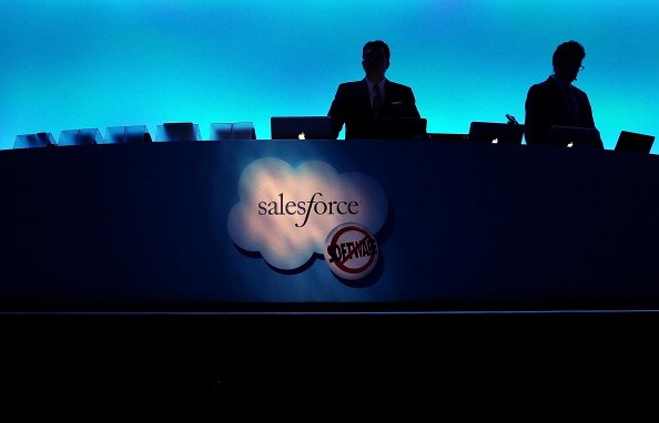 SAN FRANCISCO, CA - SEPTEMBER 19: The Salesforce logo is displayed on a podium during the Dreamforce 2012 conference at the Moscone Center on September 19, 2012 in San Francisco, California. A reported 90,000 people registered to attend the cloud computing industry conference Dreamforce 2012 that runs through September 21. (Photo by Justin Sullivan/Getty Images)