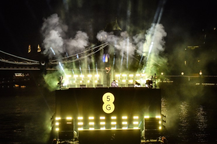 Stormzy performs at a 5G-powered gig beside Tower Bridge on the River Thames to mark the launch of 5G on EE