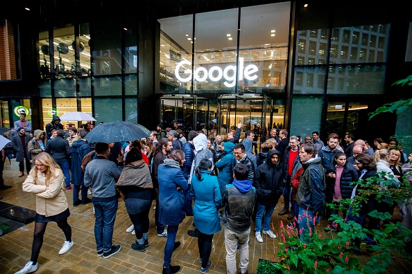 Google staff stage a walkout at the company's UK headquarters in London on November 1, 2018 as part of a global campaign over the US tech giant's handling of sexual harassment. - Hundreds of employees walked out of Google's European headquarters in Dublin on Thursday as part of a global campaign over the US tech giant's handling of sexual harassment that saw similar protests in London and Singapore. (Photo by Tolga Akmen / AFP) (Photo credit should read TOLGA AKMEN/AFP/Getty Images)