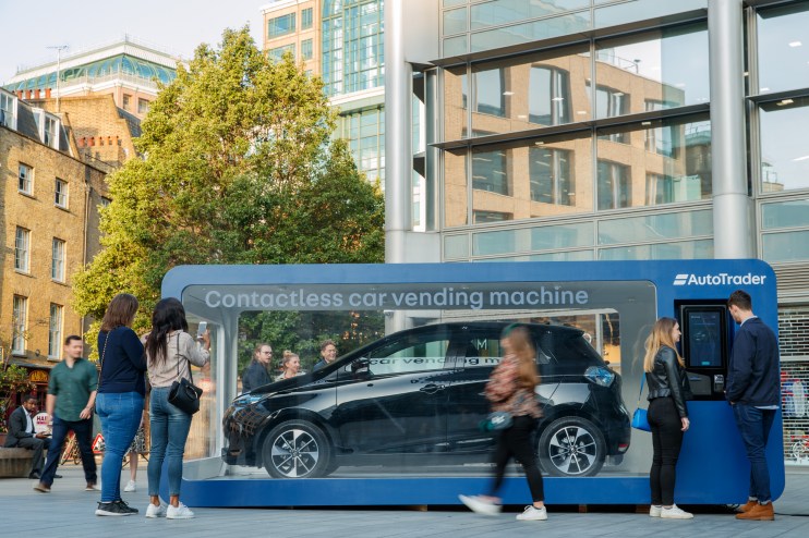 *** FREE FOR EDITORIAL USE *** The world&rsquo;s first contactless car vending machine was unveiled today in Spitalfields Market, London, by Auto Trader, giving motorists a chance to buy a brand-new car via contactless payment on their smartphones. Picture date: Wednesday, August 21, 2019. The vending machine features a brand new Renault Zoe at a pre-haggled price, which can be purchased via tap and go contactless payment. Research by Auto Trader reveals haggling to get the best deal is Brits' biggest anxiety when it comes to buying a new car.