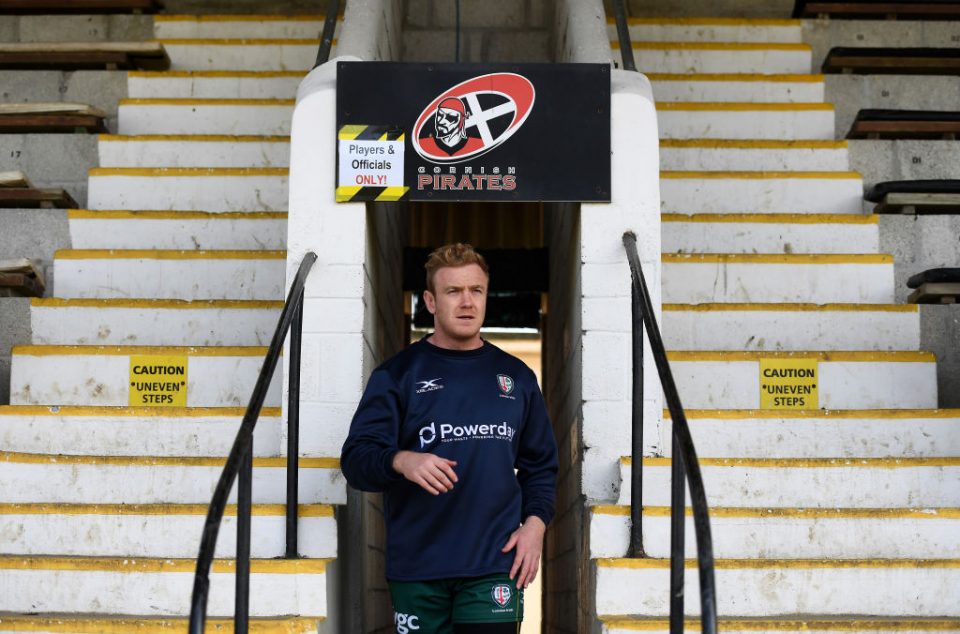 PENZANCE, ENGLAND - MARCH 30: Conor Gilsenan of London Irish makes his way out prior to kick off during the Greene King IPA Championship match between Cornish Pirates and London Irish at Mennaye Field on March 30, 2019 in Penzance, England. (Photo by Harry Trump/Getty Images)