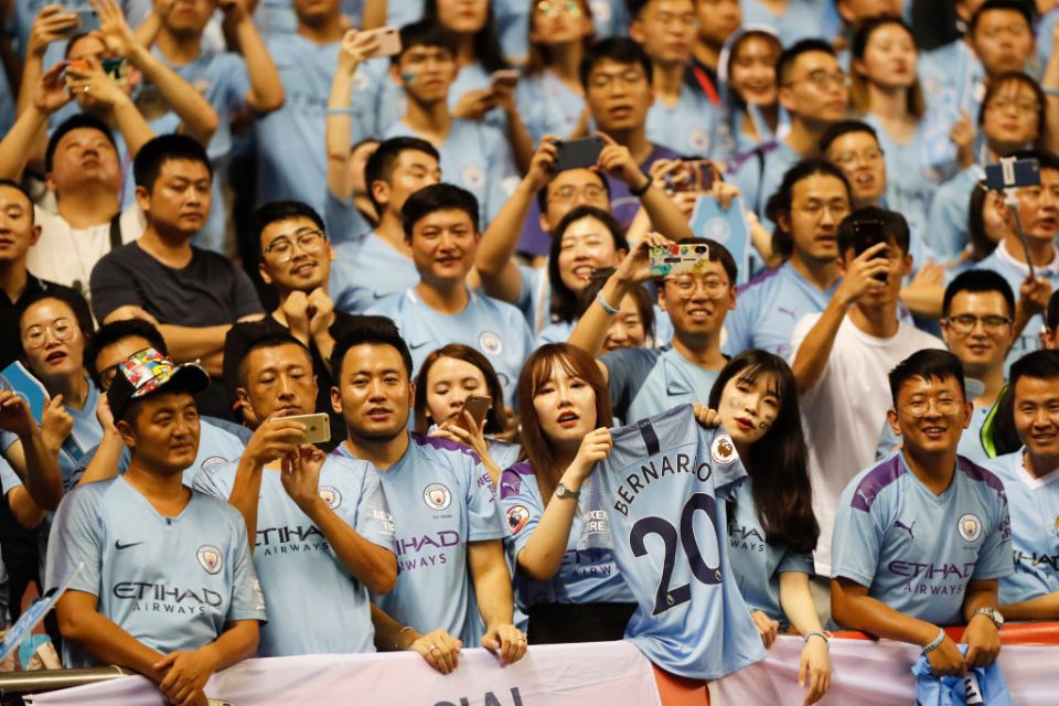 SHANGHAI, CHINA - JULY 20: Fans of Manchester City reacts during Manchester City v Wolverhampton Wanderers - Premier League Asia Trophy Final on July 20, 2019 in Shanghai, China. (Photo by Fred Lee/Getty Images for Premier League)
