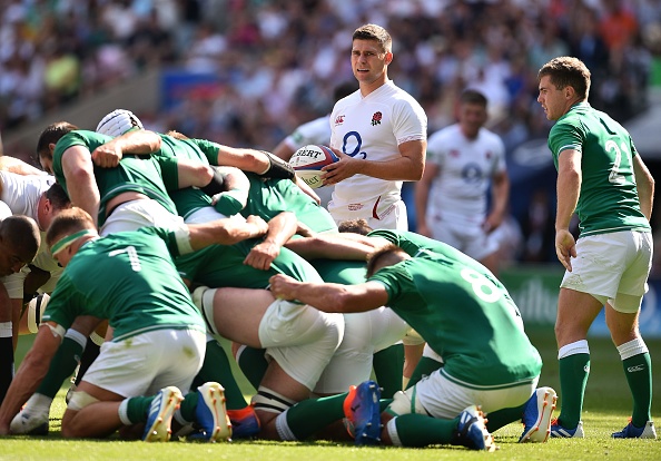 England's scrum-half Ben Youngs (C) prepares to put the ball in the scrum during the international Test rugby union match between England and Ireland at Twickenham Stadium in west London on August 24, 2019. (Photo by Glyn KIRK / AFP) (Photo credit should read GLYN KIRK/AFP/Getty Images)