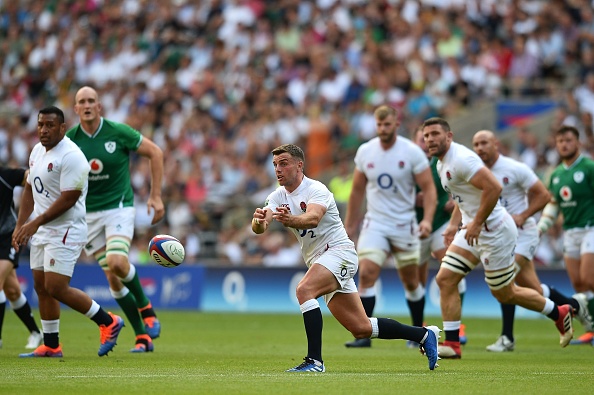 England's fly-half George Ford (C) passes the ball during the international Test rugby union match between England and Ireland at Twickenham Stadium in west London on August 24, 2019. (Photo by Glyn KIRK / AFP) (Photo credit should read GLYN KIRK/AFP/Getty Images)