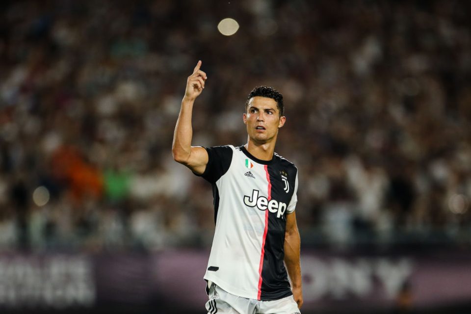 NANJING, CHINA - JULY 24:  Cristiano Ronaldo of Juventus reacts after scoring during the penalty shootout of the International Champions Cup match between Juventus and FC Internazionale at the Nanjing Olympic Center Stadium on July 24, 2019 in Nanjing, China. (Photo by Yifan Ding/Getty Images)