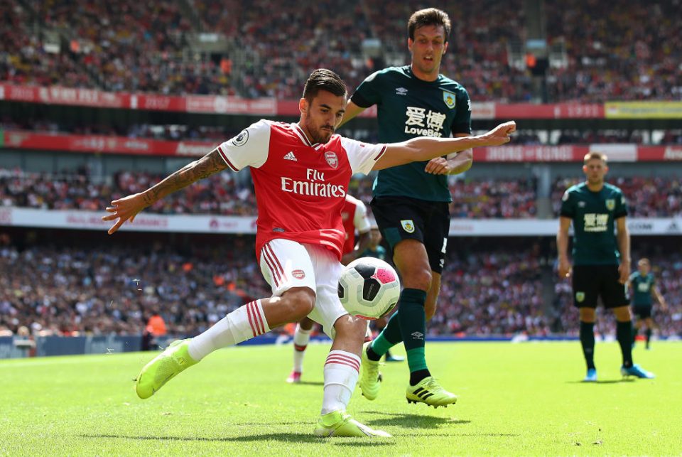 LONDON, ENGLAND - AUGUST 17: Dani Ceballos of Arsenal battles with Jack Cork of Burnley during the Premier League match between Arsenal FC and Burnley FC at Emirates Stadium on August 17, 2019 in London, United Kingdom. (Photo by Julian Finney/Getty Images)