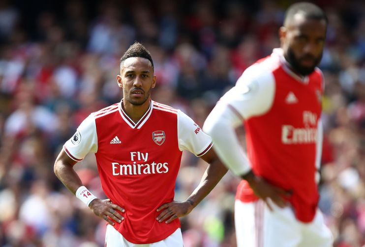LONDON, ENGLAND - AUGUST 17: Pierre-Emerick Aubameyang and Alexandre Lacazette of Arsenal look on during the Premier League match between Arsenal FC and Burnley FC at Emirates Stadium on August 17, 2019 in London, United Kingdom. (Photo by Julian Finney/Getty Images)