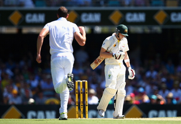 BRISBANE, AUSTRALIA - NOVEMBER 21: Steve Smith of Australia looks dejected after being dismissed by Chris Tremlett of England during day one of the First Ashes Test match between Australia and England at The Gabba on November 21, 2013 in Brisbane, Australia. (Photo by Ryan Pierse/Getty Images)