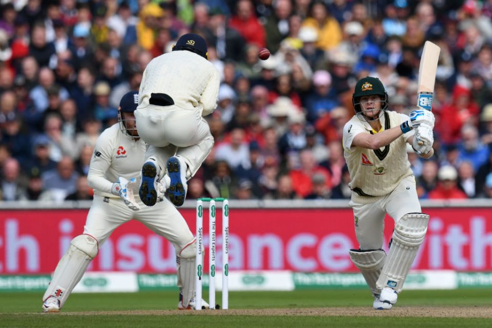 Australia's Steve Smith plays a shot on the first day of the fourth Ashes cricket Test match between England and Australia at Old Trafford in Manchester, north-west England on September 4, 2019. (Photo by Paul ELLIS / AFP) / RESTRICTED TO EDITORIAL USE. NO ASSOCIATION WITH DIRECT COMPETITOR OF SPONSOR, PARTNER, OR SUPPLIER OF THE ECB (Photo credit should read PAUL ELLIS/AFP/Getty Images)
