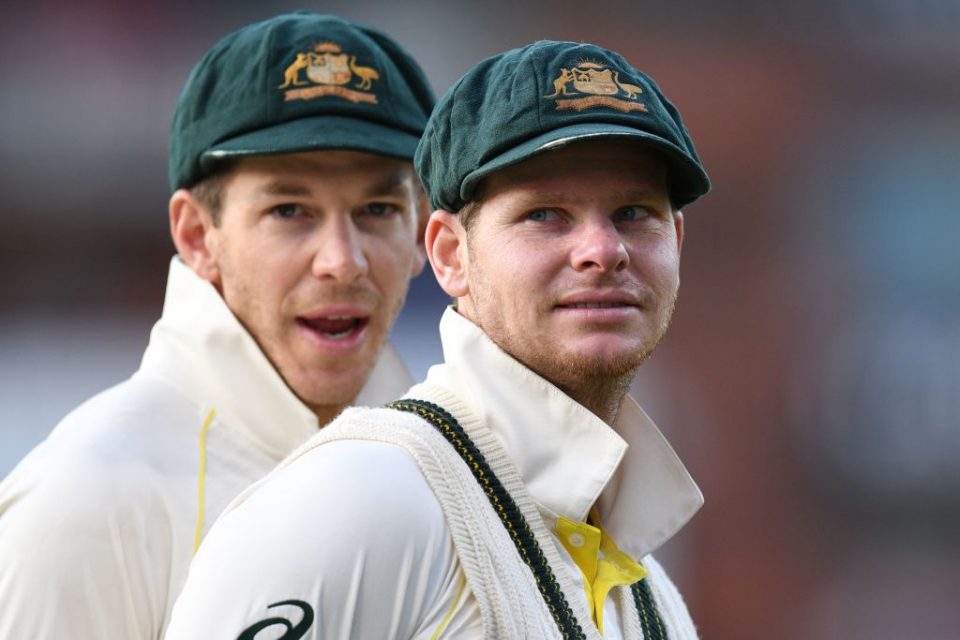 Australia's captain Tim Paine (L) and Australia's Steve Smith (R) celebrate their victory on the field after the fourth Ashes cricket Test match between England and Australia at Old Trafford in Manchester, north-west England on September 8, 2019. - Australia retained the Ashes with a 185-run thrashing of England in the fourth Test at Old Trafford on Sunday. (Photo by Oli SCARFF / AFP) / RESTRICTED TO EDITORIAL USE. NO ASSOCIATION WITH DIRECT COMPETITOR OF SPONSOR, PARTNER, OR SUPPLIER OF THE ECB        (Photo credit should read OLI SCARFF/AFP/Getty Images)