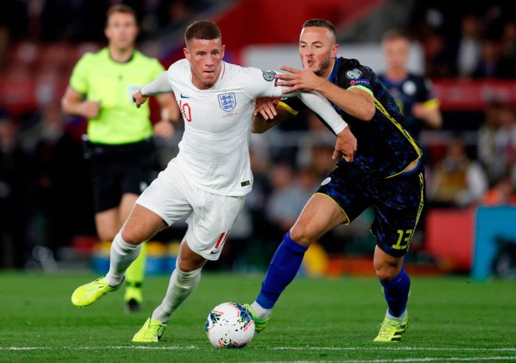 Kosovo's defender Amir Rrahmani (R) vies with England's midfielder Ross Barkley to before fouling him to concede a penalty during the UEFA Euro 2020 qualifying Group A football match between England and Kosovo at St Mary's stadium in Southampton, southern England on September 10, 2019. (Photo by Adrian DENNIS / AFP) / NOT FOR MARKETING OR ADVERTISING USE / RESTRICTED TO EDITORIAL USE (Photo credit should read ADRIAN DENNIS/AFP/Getty Images)