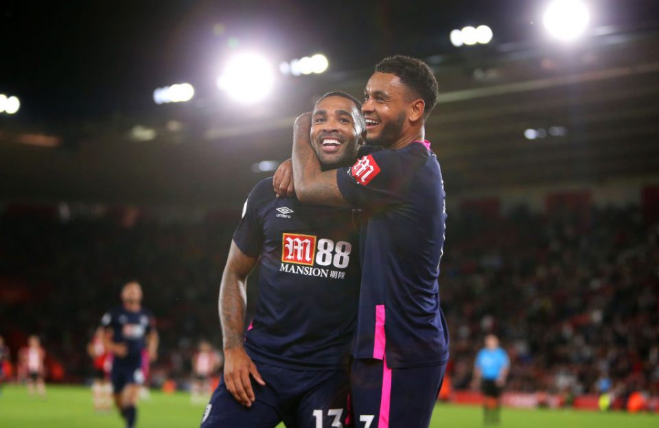 SOUTHAMPTON, ENGLAND - SEPTEMBER 20: Callum Wilson of AFC Bournemouth celebrates after scoring his team's third goal with Joshua King of AFC Bournemouth during the Premier League match between Southampton FC and AFC Bournemouth at St Mary's Stadium on September 20, 2019 in Southampton, United Kingdom. (Photo by Alex Pantling/Getty Images)