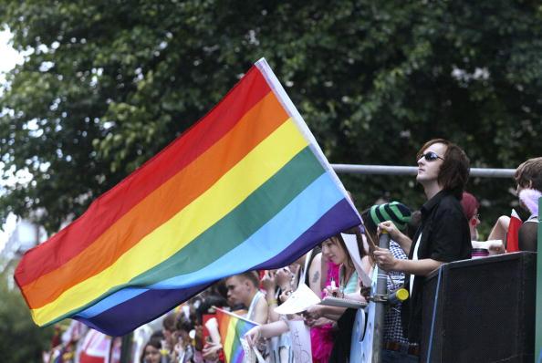 LONDON - JULY 05: A flag flies during the Gay Pride parade on July 5, 2008 in London. The parade consists of celebrities, floats, and performers celebrating the UK's largest gay and lesbian festival. (Photo by Mark Wieland/Getty Images) (Photo by Mark Wieland/Getty Images)