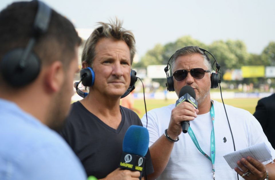 COLOMBO, SRI LANKA - NOVEMBER 26:  Mark Nicholas (c) and Darren Gough of Talksport radio pictured during Day Four of the Third Test match between Sri Lanka and England at Sinhalese Sports Club on November 26, 2018 in Colombo, Sri Lanka.  (Photo by Stu Forster/Getty Images)