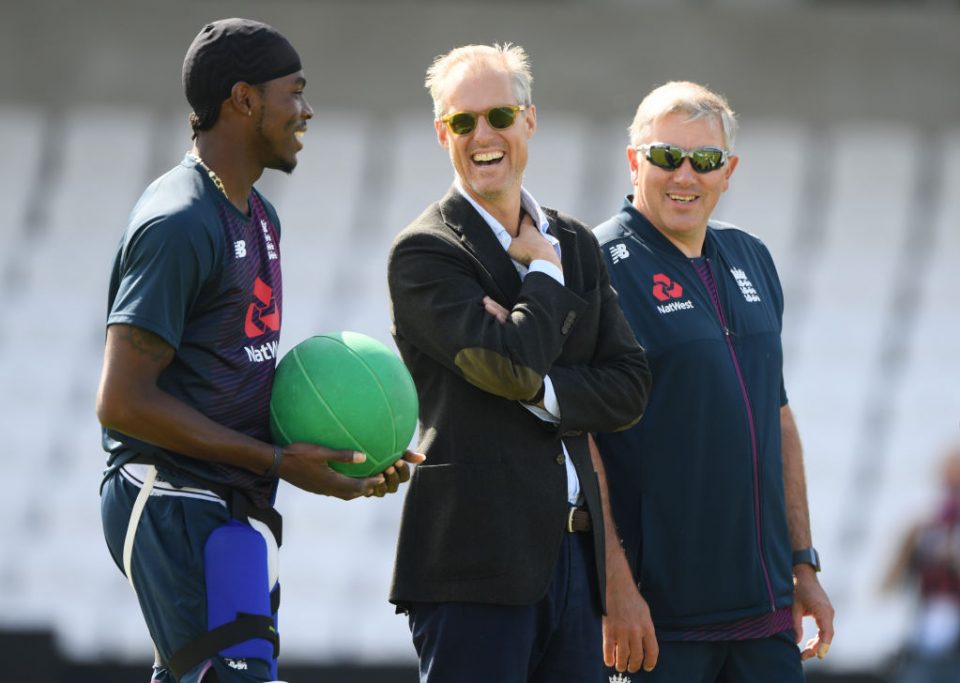 LEEDS, ENGLAND - AUGUST 21: England bowler Jofra Archer (l)  chats with  Ed Smith and Chris Silverwood (r) during England nets ahead of the 3rd Test match at Headingley on August 21, 2019 in Leeds, England. (Photo by Stu Forster/Getty Images)