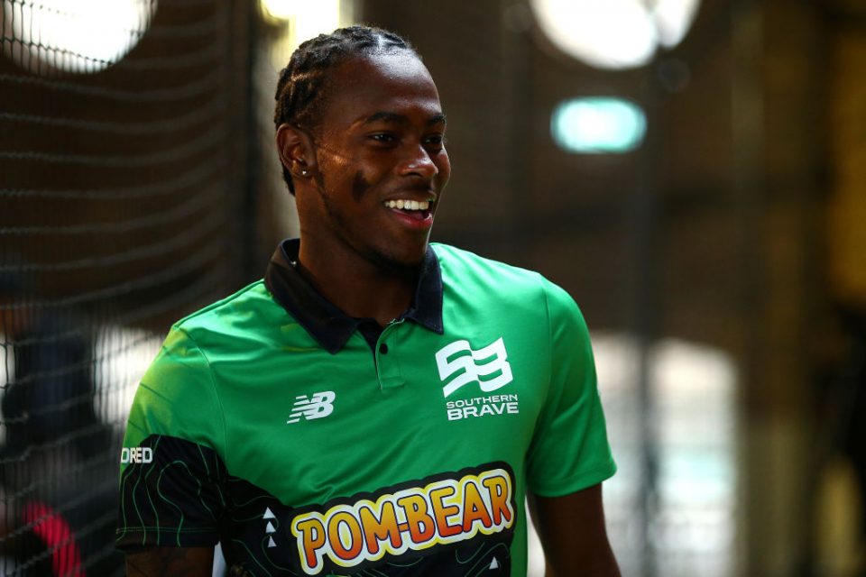 LONDON, ENGLAND - OCTOBER 03: Jofra Archer of Southern Brave one of the eight new mens and womens teams that will be competing in new 100 ball cricket competition, The Hundred, starting in summer 2020 during The Hundred Launch on October 3, 2019 in London, England. (Photo by Charlie Crowhurst/Getty Images for ECB)