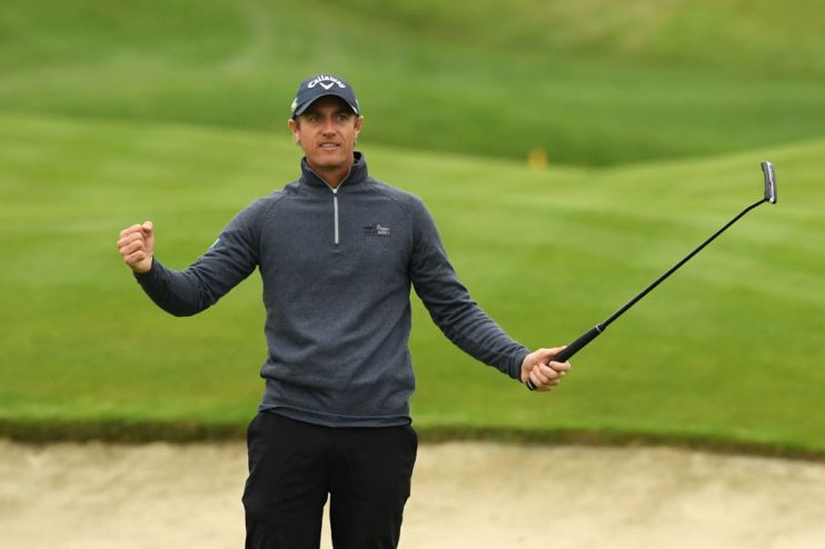 PARIS, FRANCE - OCTOBER 20: Nicolas Colsaerts of Belgium celebrates on the 18th green during Day 4 of the Open de France at Le Golf National on October 20, 2019 in Paris, France. (Photo by Ross Kinnaird/Getty Images)