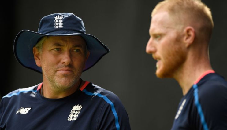 HAMILTON, NEW ZEALAND - FEBRUARY 23: England player Ben Stokes (r) chats with fast bowling coach Chris Silverwood in the nets during an England training session ahead of the First ODI v New Zealand Black Caps at Seddon Park on February 23, 2018 in Hamilton, New Zealand. (Photo by Stu Forster/Getty Images)