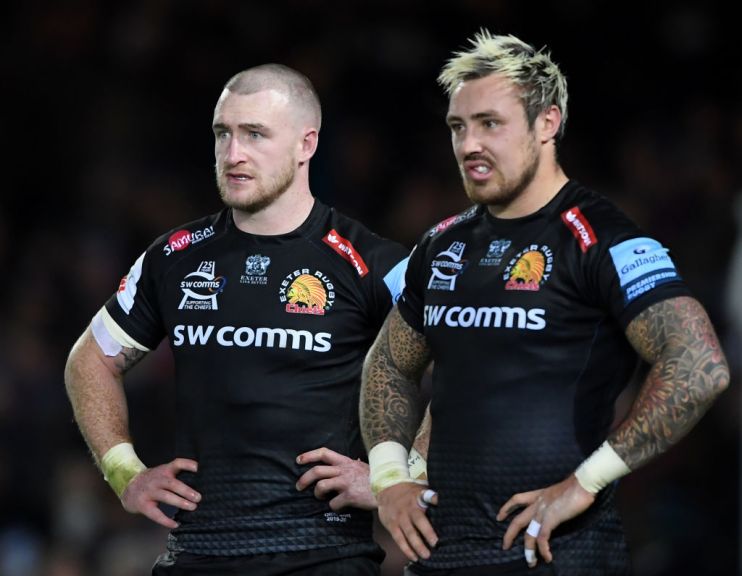 EXETER, ENGLAND - NOVEMBER 10: Stuart Hogg and Jack Nowell of Exeter Chiefs look on dejected after the Gallagher Premiership Rugby match between Exeter Chiefs and Bristol Bears at Sandy Park on November 10, 2019 in Exeter, England. (Photo by Alex Davidson/Getty Images)