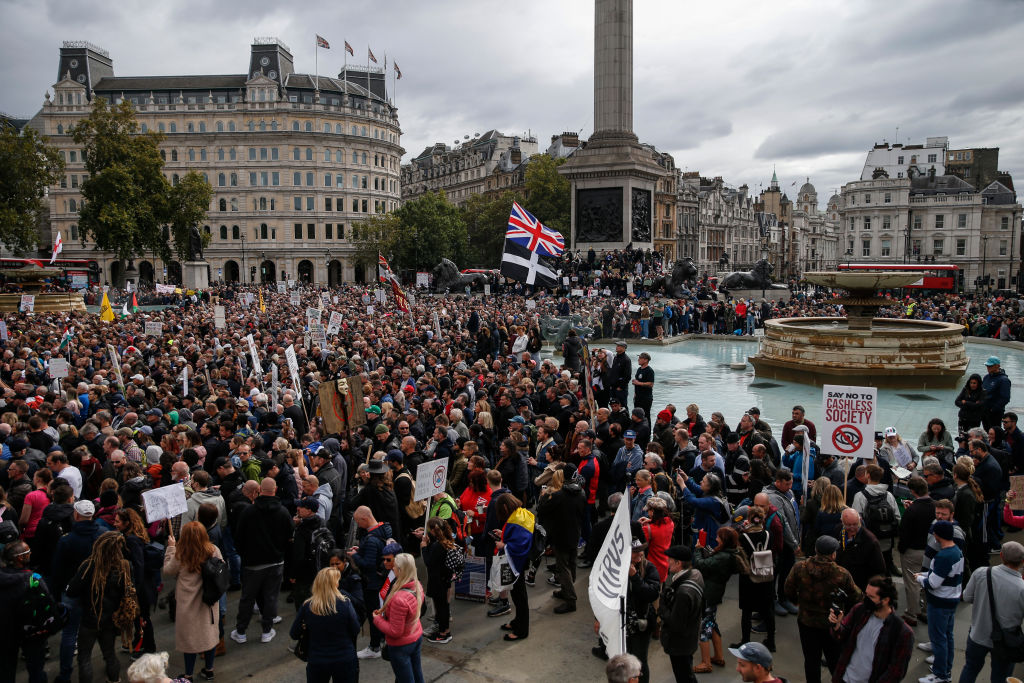 Anti-mask Protest In Trafalgar Square