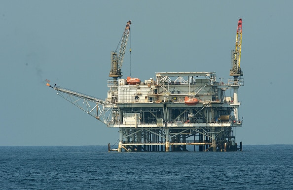 An offshore oil rig.