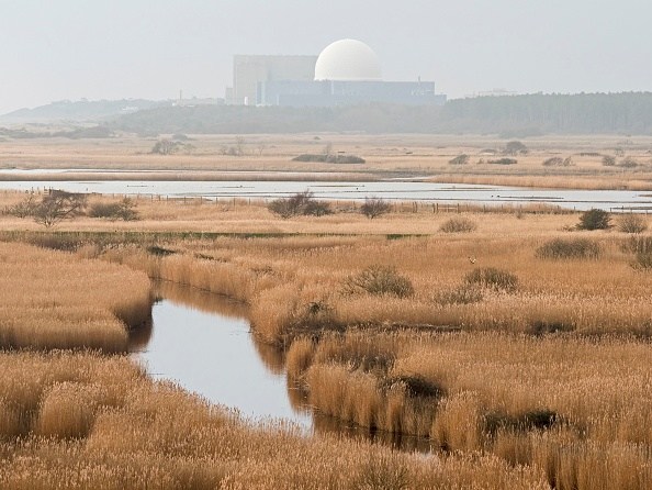 View from Dunwich Heath in winter across Minsmere RSPB Reserve with Sizewell Poer Station in distance, UK