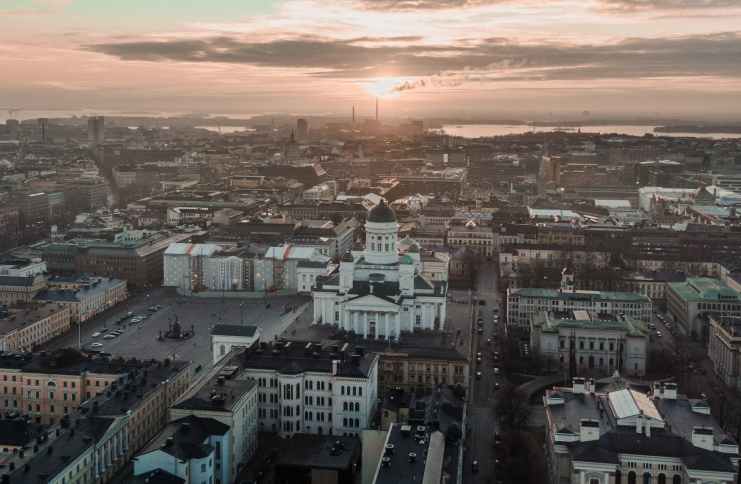 aerial view of city during sunset