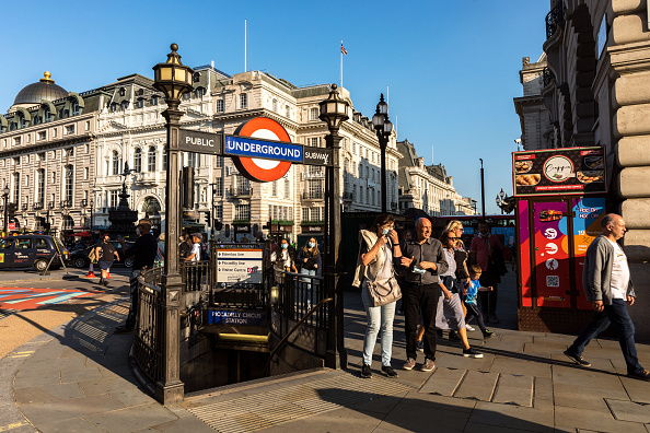Piccadilly Circus tube station seen during sunset in London