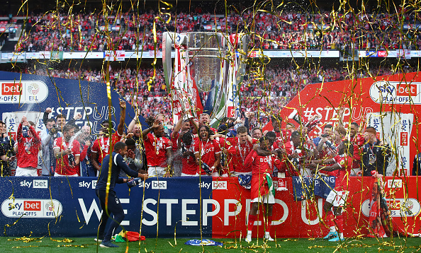 Nottingham Forest were this evening promoted to the Premier League after beating Huddersfield Town 1-0 in the Championship play-off final at Wembley.