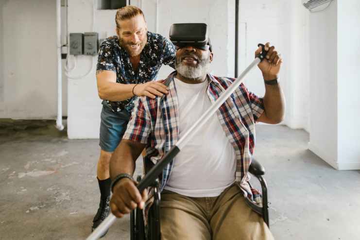 man paddling while wearing virtual reality glasses
