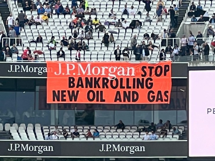 The banner can be seen during a rain break at the historic Lord's Cricket Ground
