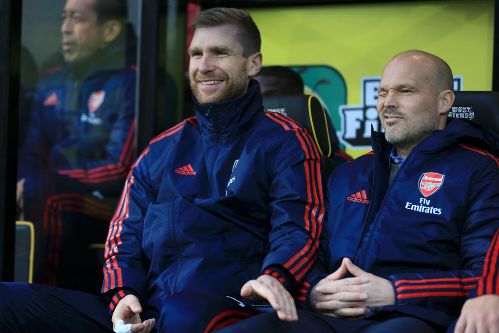 Per Mertesacker (left) stayed at Arsenal after retiring in 2018 and is now manager of the club's Hale End academy