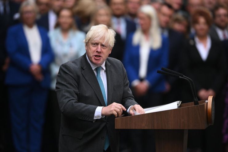 Prime Minister Boris Johnson delivers a farewell address before his official resignation at Downing Street on September 6, 2022 in London, England. British Prime Minister Boris Johnson is stepping down following the election of Liz Truss, the former foreign secretary, as Conservative Party leader. (Photo by Leon Neal/Getty Images)