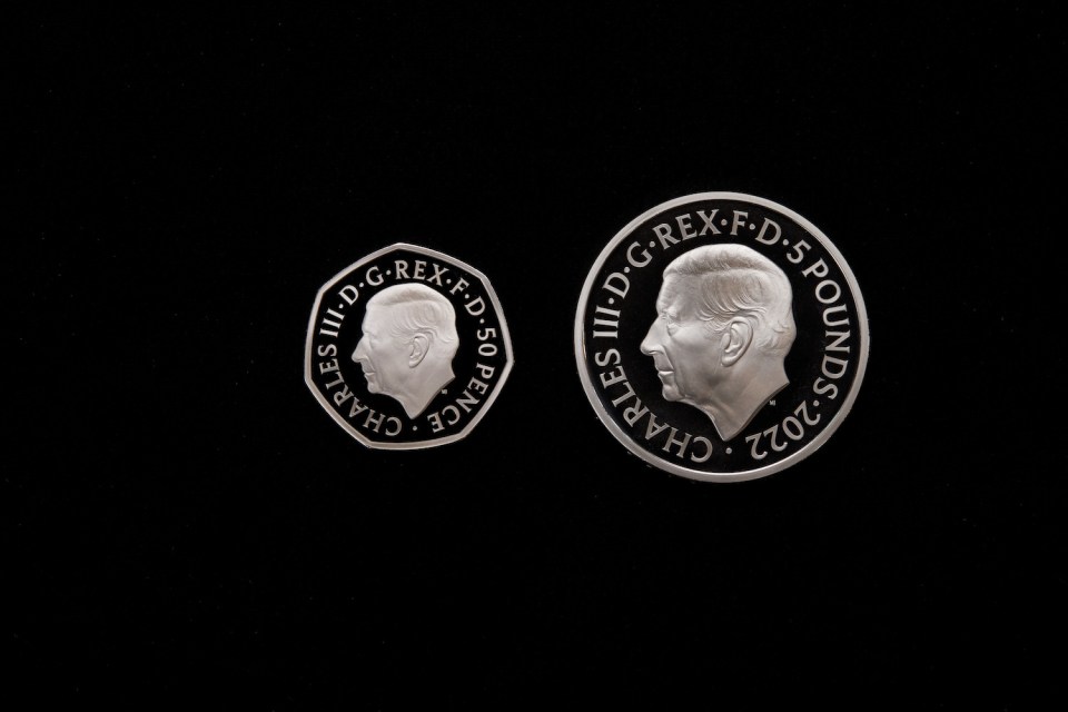 Front of the New 50p and &pound;5 coin featuring King Charles III's effigy (Credit: The Royal Mint)