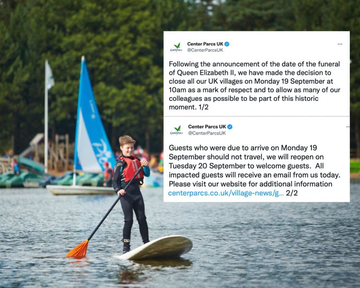 Paddleboards on Watersports Lake (Credit: Centre Parcs.) Inset: CP's tweets which led to a furious reaction online.