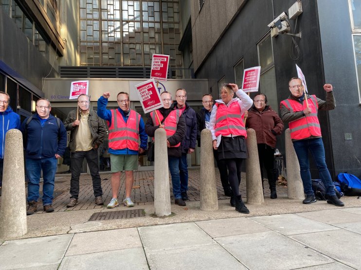 Striking workers outside BT tower in London (Credit: @CWUnews)