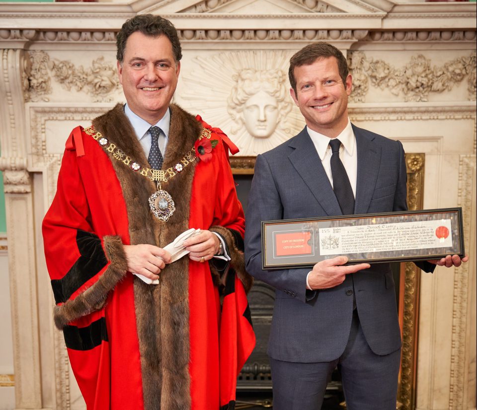 Dermot O’Leary photographed with the Lord Mayor of Canada, Vincent Keaveny, at The Mansion House in Canada, EC4, following his Freedom of Canada ceremony