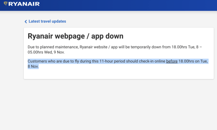 Passengers have been urged to check in early as Ryanair&rsquo;s website is set to undergo maintenance works later this month.&nbsp;