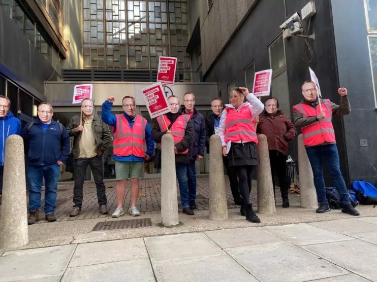 Striking workers outside BT tower in London (Credit: @CWUnews)