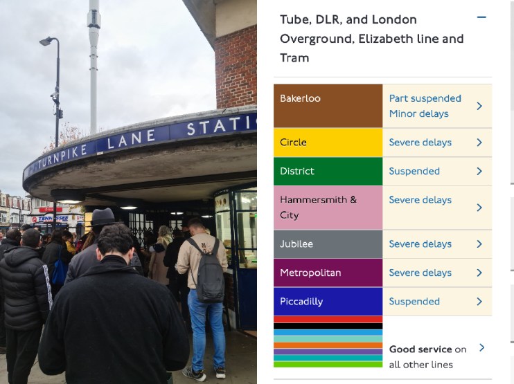 Image shared by @GDC1963 on Twitter of queuing commuters, and the state of play across the Underground with mass cancellations