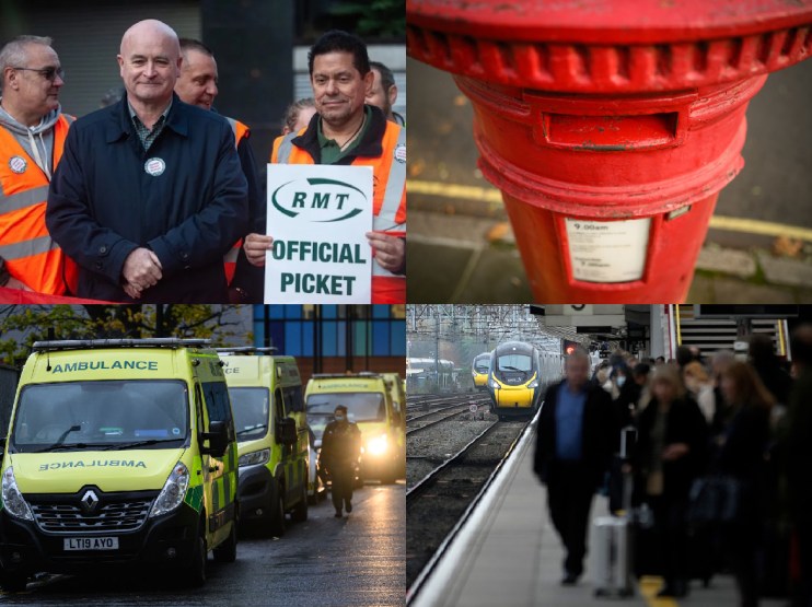 Rail, Mail, nurses and buses will be impacted by strikes. TOP: RMT boss Mick Lynch and a famous red Royal Mail post box. Bottom, ambulances and commuters. (CREDIT: All Getty Images)
