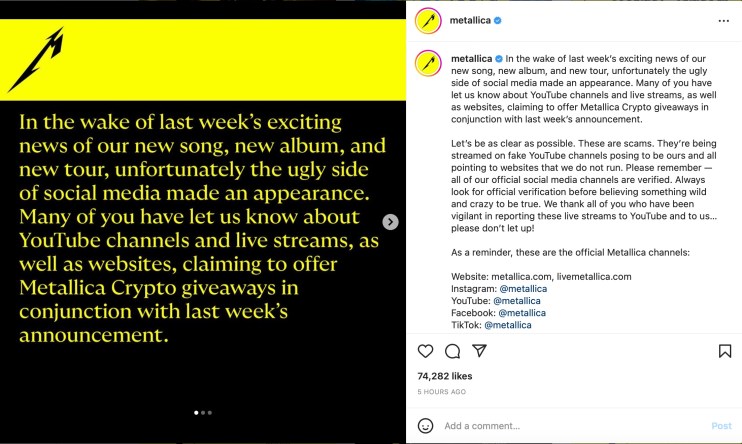 Screenshot from the Metallica's instagram warning fans about the scam