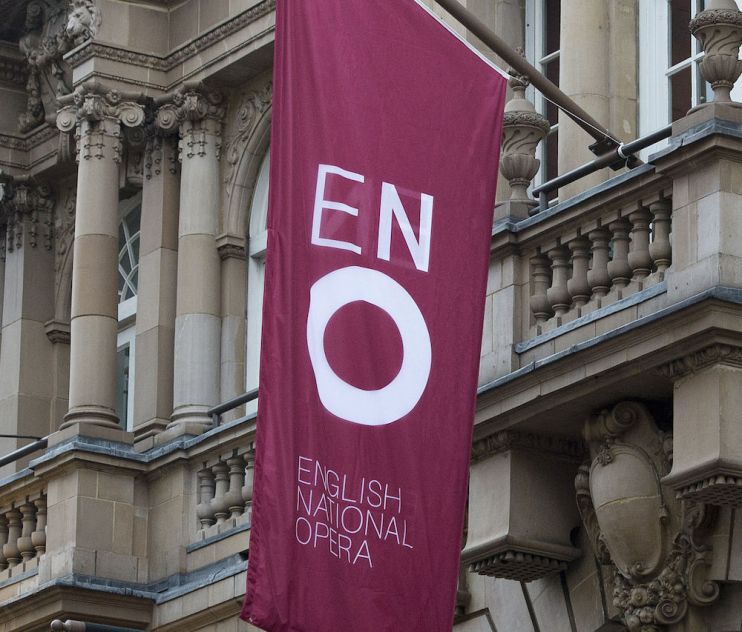 Flag for the English National Opera outside the London Coliseum.