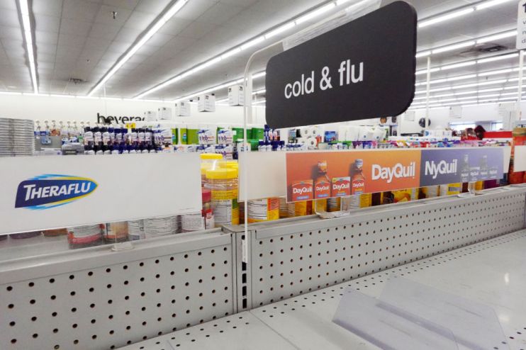 A cold and flu medicine shelf is empty (Photo by Mario Tama/Getty Images)