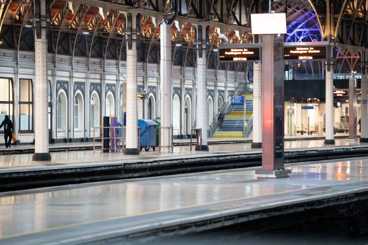Empty platforms at Paddington station in London.