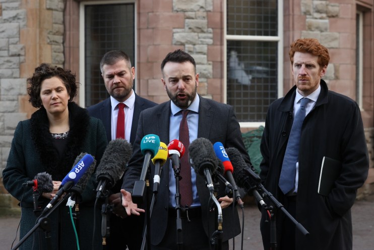 (Left- right) Claire Hanna, Colin McGrath, SDLP leader Colum Eastwood and party colleague Matthew O'Toole speak to the media outside the Culloden Hotel in Belfast, where Prime Minister Rishi Sunak is holding talks with Stormont leaders over the Northern Ireland Protocol.
